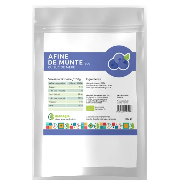 Afine de Munte Bio cu Suc de Mere, 135 g, Managis