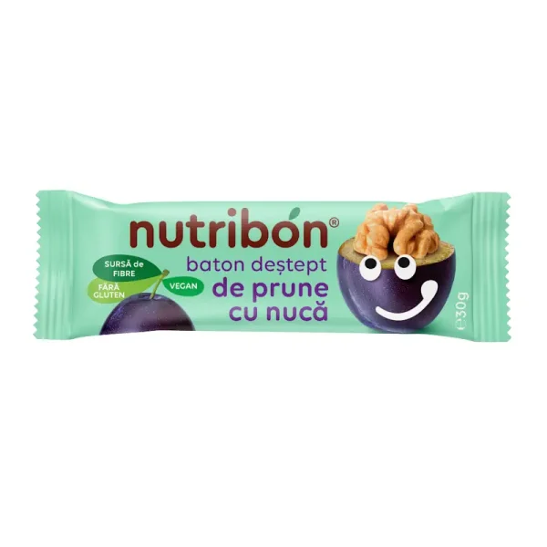 Baton vegan fără gluten de prune cu nucă, 30g, Nutribon